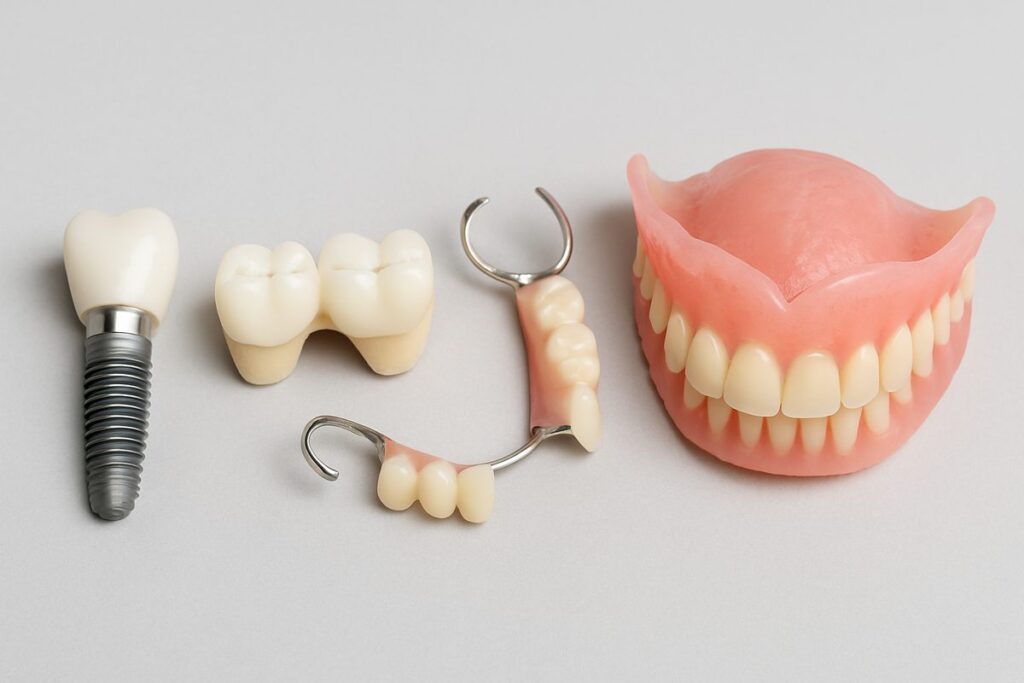 Photo showcasing four distinct dental restoration options for replacing missing teeth: a dental implant with a crown, a traditional bridge, partial dentures, and full dentures. No text on the image.