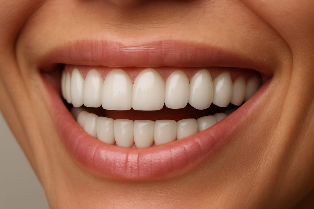 Close up studio shot of a beaming smile with perfectly aligned, natural-looking dental implants. No text on image.
