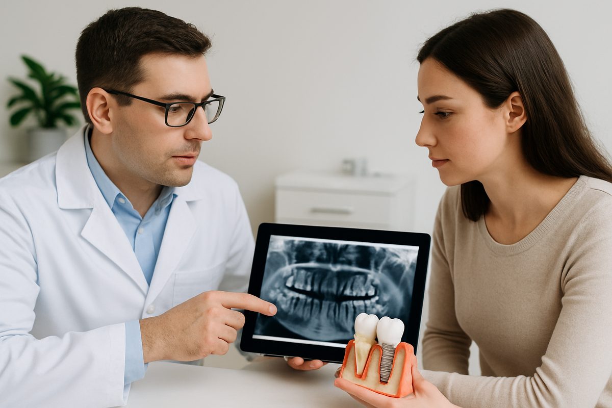 Image of a dentist consulting with a patient about dental extraction and implant options, showing x-rays and a model of a dental implant. No text on image.